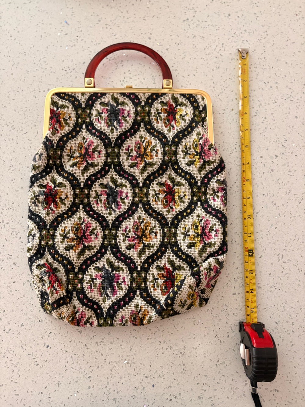 Vintage 1960s Floral Tapestry Handbag - Cherry Red Lucite Handle
